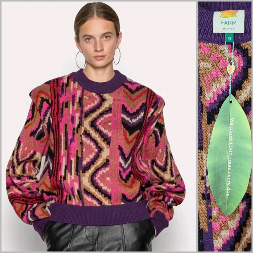 New FARM RIO Red Stripes And Patches Sweater Size XS Geometric Oversize Purple